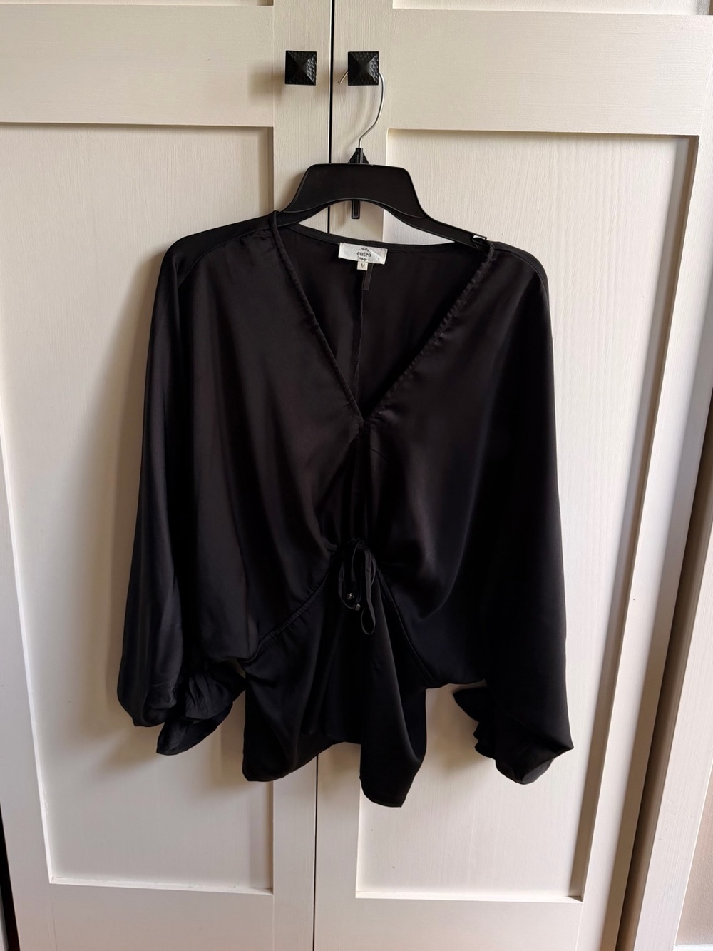Entro Black Satin V-Neck Tie-Front Blouse